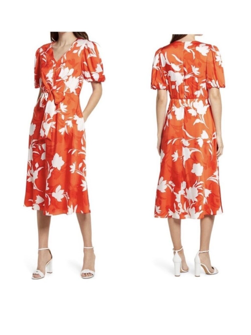 Julia Jordan Dress Women Size 14 Orange  Floral Short Puff Sleeve  Midi  NWT